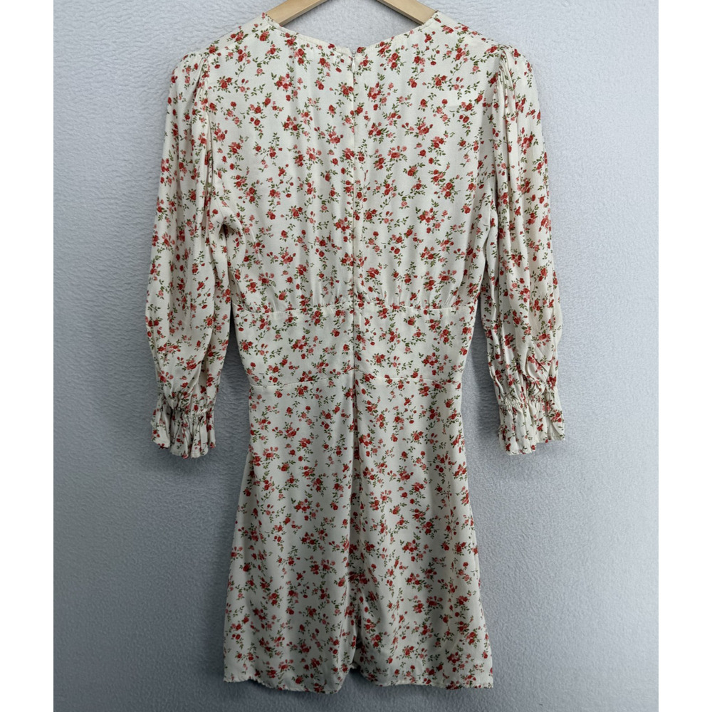 REFORMATION Dress 6 Marina Floral Print Mini Deep V-Neck Puff Sleeve Off White - Picture 3 of 11